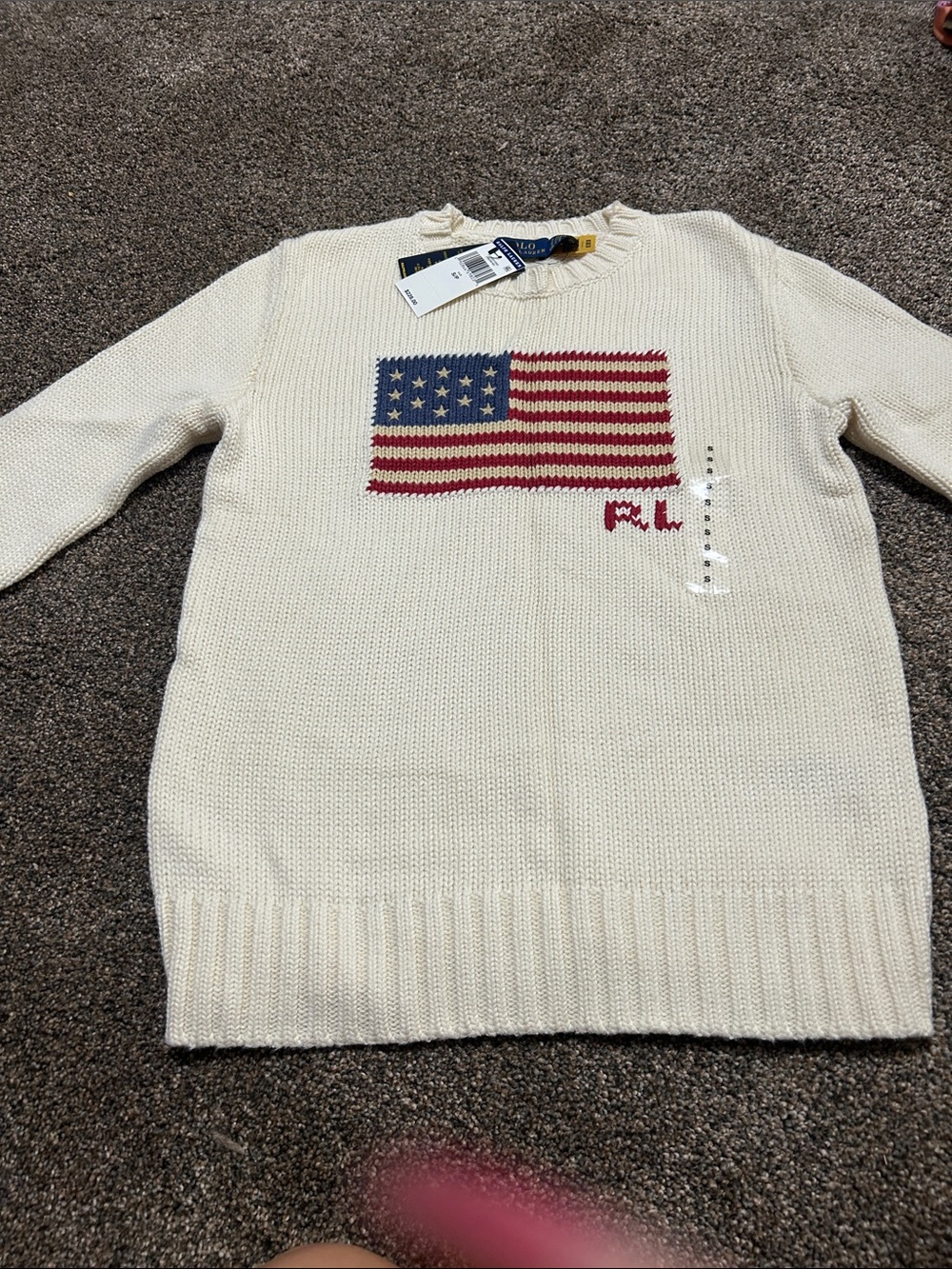 NWT Polo Ralph Lauren Kids American Flag Knit Sweater Cream Size Small S
